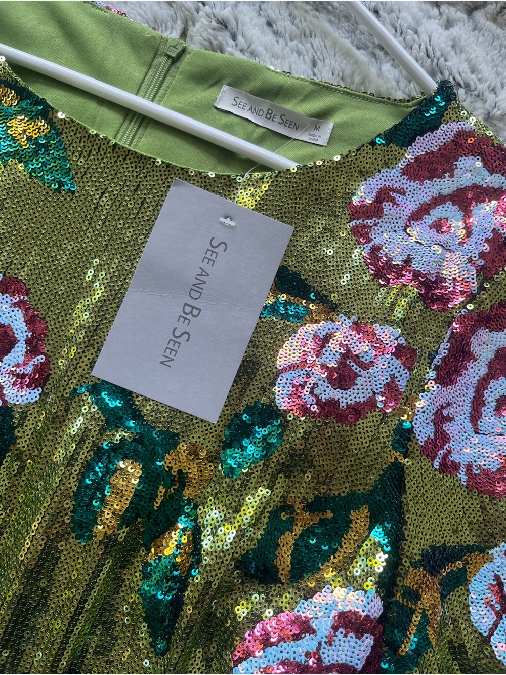 Sequin Floral Long Sleeve Party Dress in Olive Green by Saylor - Picture 2 of 2